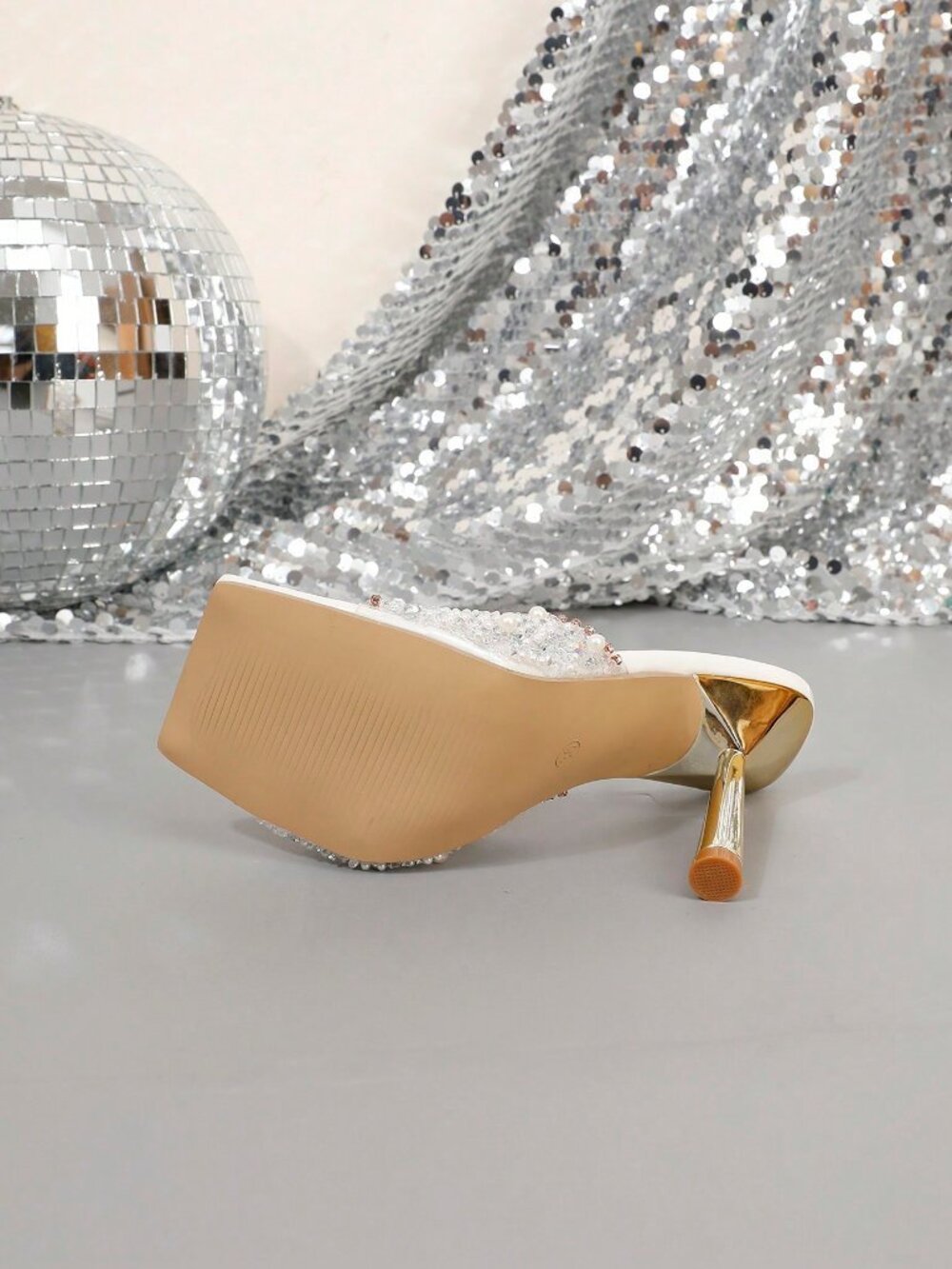 White Elegant Women's High Heel Rhinestone Embellished Sandals - Picture 5 of 7